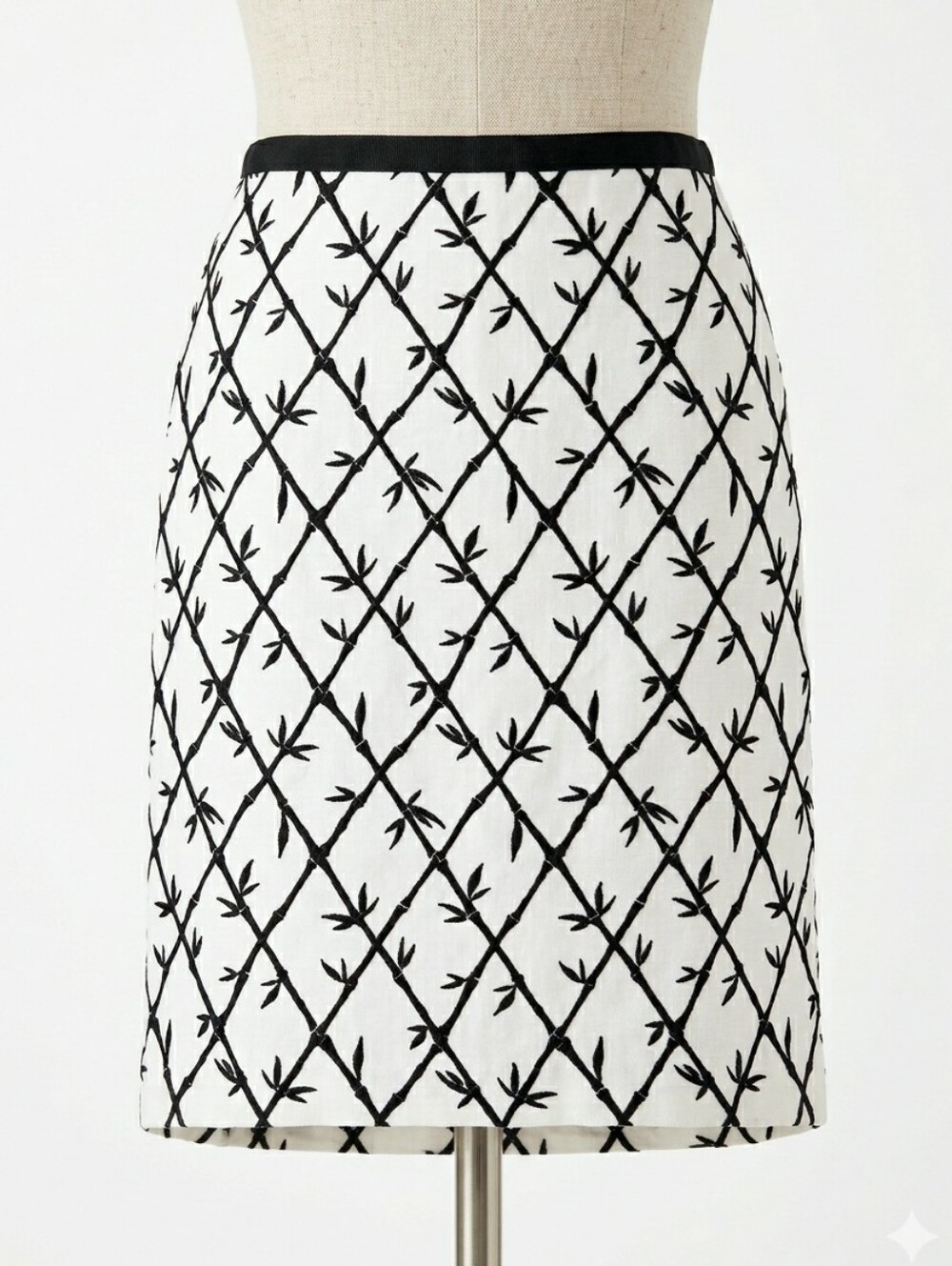 TALBOTS Black White Bamboo Embroidered Linen Pencil Skirt Size 12